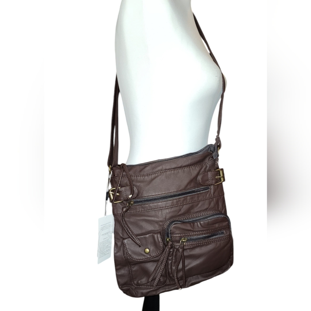 Scarleton Los Angeles Ultra Soft Multi Pocket Crossbody Handbag Brown